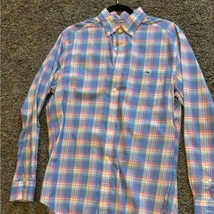 Vineyard vine long sleeve blue plaid shirt. Slim fit tucker Medium.